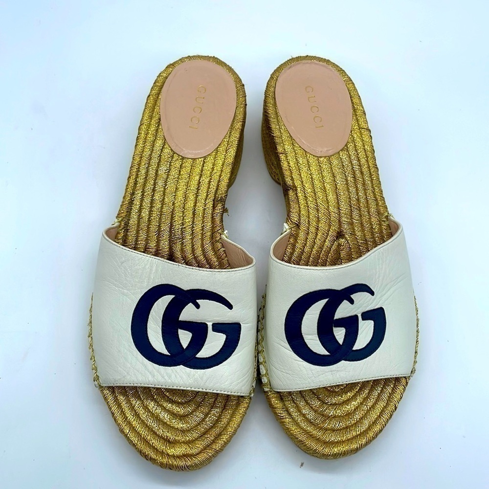 Gucci Ivory Gold GG interlocking heeled espadrille mules 37